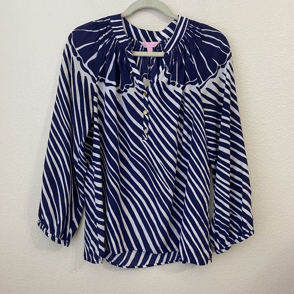Lilly Pulitzer Blouse Top Womens Small Navy Shimmy Shell Elsa Silk - Picture 1 of 8